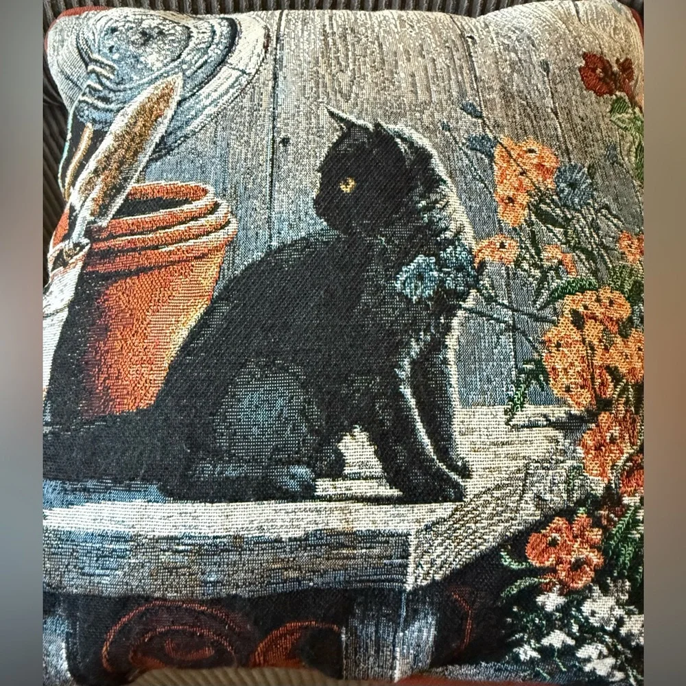 VTG Susan Bourdet Decorative Pillow Black Cat Design Halloween Fall Tapestry